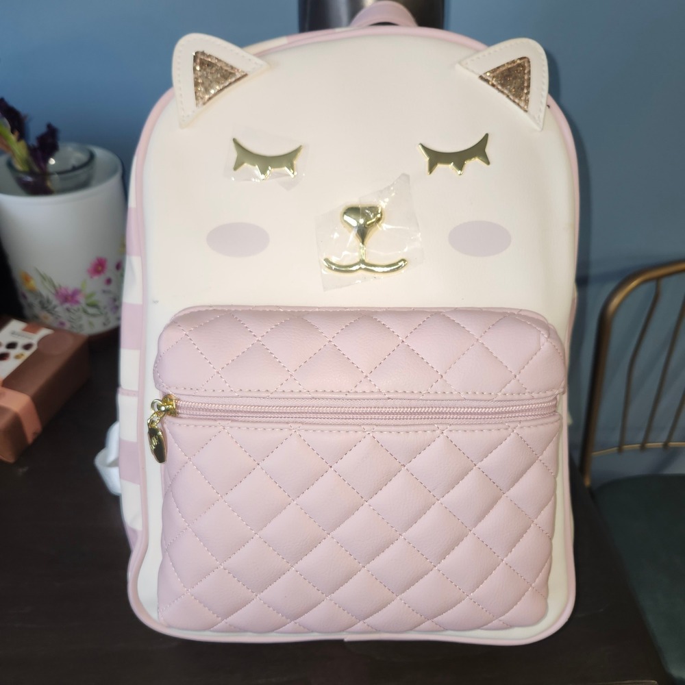 Luv Betsey by Betsey Johnson Cat Backpack Quilted Pocket White Pink